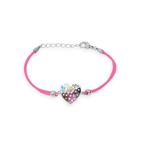 Bracelet Acier Cœur Email Multicolore Cordon rose