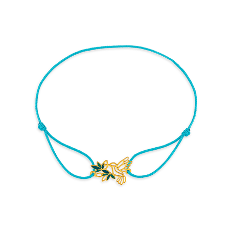 Bracelet Colibri Fleur Or375 Email Vert Cordon Bleu 