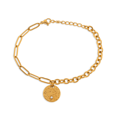 Bracelet Acier Jaune Deux Mailles Médaille Cristal 