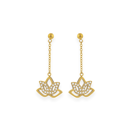 Boucles D'oreilles Acier Jaune Fleur de Lotus Zirconium et  Pendant