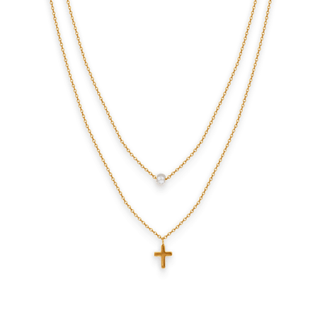 Collier acier jaune double rangs perle synthétique et croix