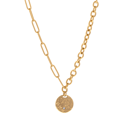 Collier Acier Jaune Deux Mailles Médaille Cristal 