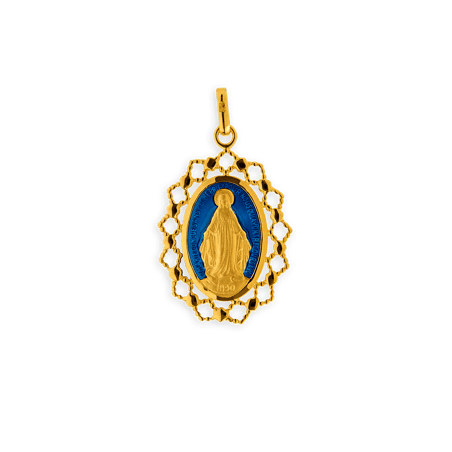 Médaille Plaqué Or Vierge Miraculeuse Email Bleu Ovale avec bélière